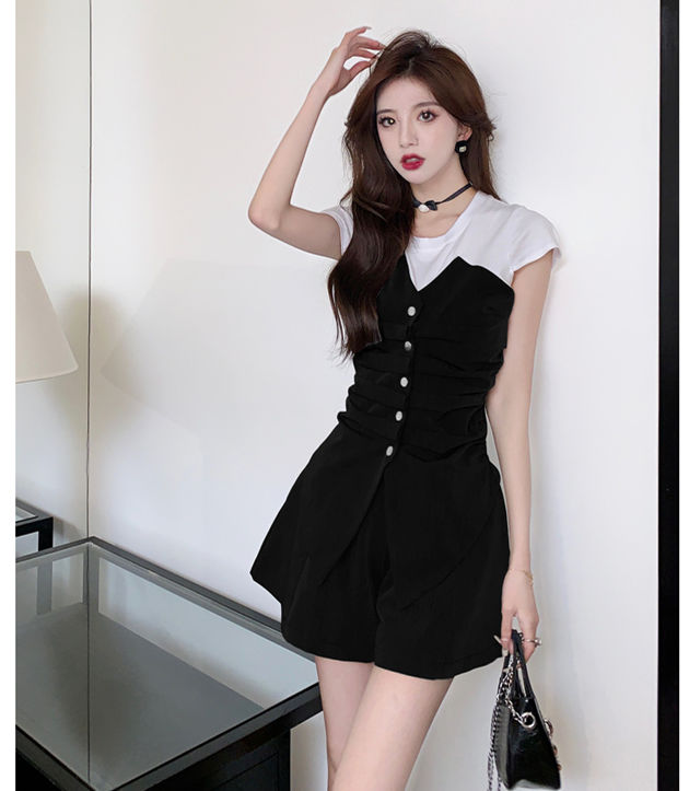 Modern New 2 Colors Block Pleated Tops With Wide-Leg Shorts3 Modern New 2 Colors Block Pleated Tops with Wide-leg Shorts 4