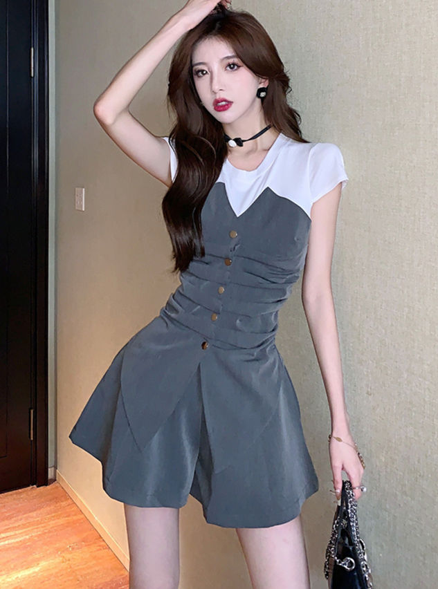 Modern New 2 Colors Block Pleated Tops With Wide-Leg Shorts6 Modern New 2 Colors Block Pleated Tops with Wide-leg Shorts 1
