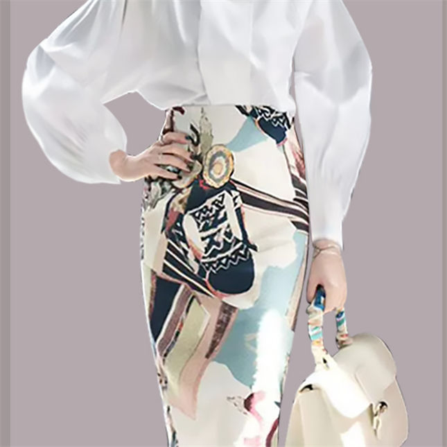 Modern Ol Puff Sleeve Loosen Blouse With Flowers Midi Skirt Modern OL Puff Sleeve Loosen Blouse with Flowers Midi Skirt 4