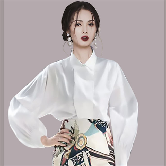 Modern Ol Puff Sleeve Loosen Blouse With Flowers Midi Skirt1 Modern OL Puff Sleeve Loosen Blouse with Flowers Midi Skirt 3