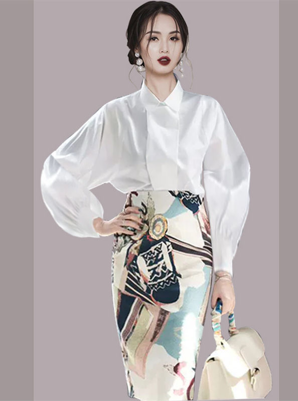 Modern Ol Puff Sleeve Loosen Blouse With Flowers Midi Skirt3 Modern OL Puff Sleeve Loosen Blouse with Flowers Midi Skirt 1