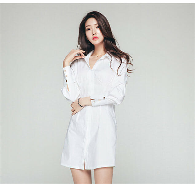 Modern Ol Puff Sleeve Shirt Dress With Split A-Line Skirt2 Modern OL Puff Sleeve Shirt Dress with Split A-line Skirt 5