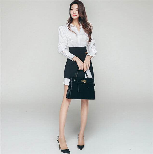 Modern Ol Puff Sleeve Shirt Dress With Split A-Line Skirt3 Modern OL Puff Sleeve Shirt Dress with Split A-line Skirt 4