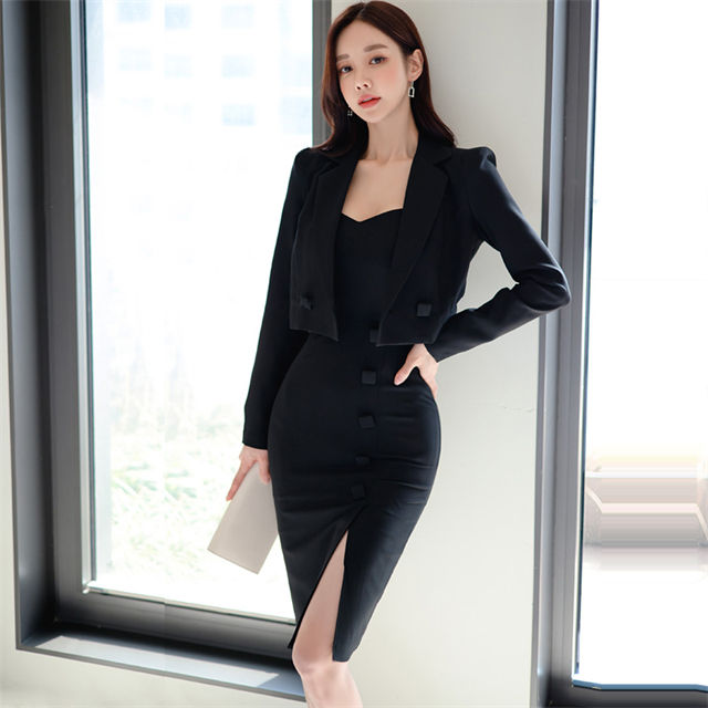 Modern OL Short Jacket With Single-breasted Straps Bodycon