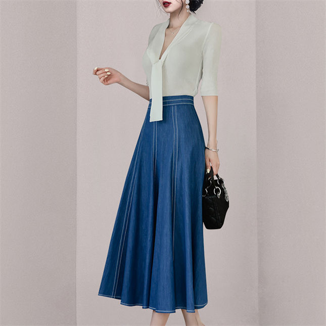 Modern Ol Tie Collar Knit T-Shirt With Denim A-Line Skirt Modern OL Tie Collar Knit T-shirt with Denim A-line Skirt 4