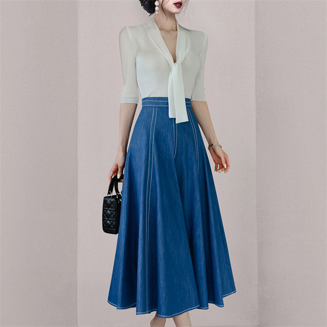 Modern Ol Tie Collar Knit T-Shirt With Denim A-Line Skirt1 Modern OL Tie Collar Knit T-shirt with Denim A-line Skirt 3