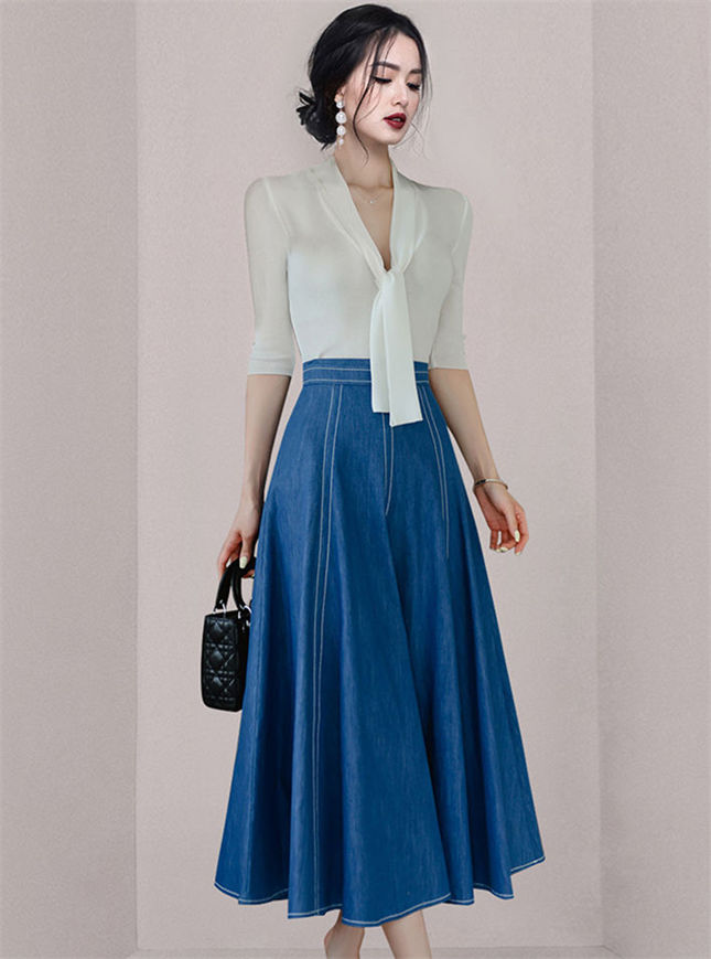 Modern Ol Tie Collar Knit T-Shirt With Denim A-Line Skirt3 Modern OL Tie Collar Knit T-shirt with Denim A-line Skirt 1