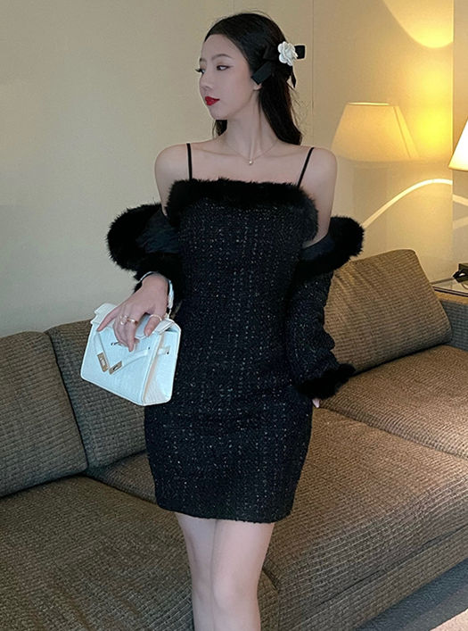 Modern Sexy 2 Colors Fur Coat With Tweed Slim Strapless Dress1 Modern Sexy 2 Colors Fur Coat with Tweed Slim Strapless Dress 5