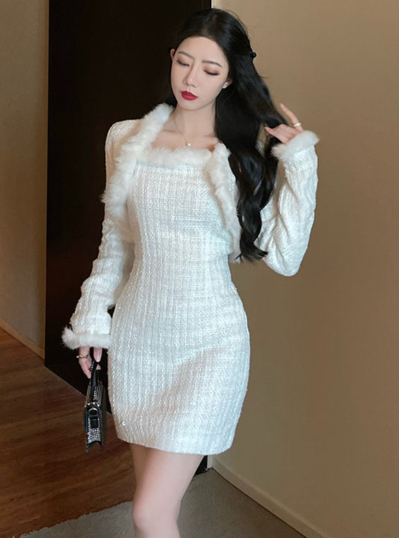 Modern Sexy 2 Colors Fur Coat With Tweed Slim Strapless Dress5 Modern Sexy 2 Colors Fur Coat with Tweed Slim Strapless Dress 2