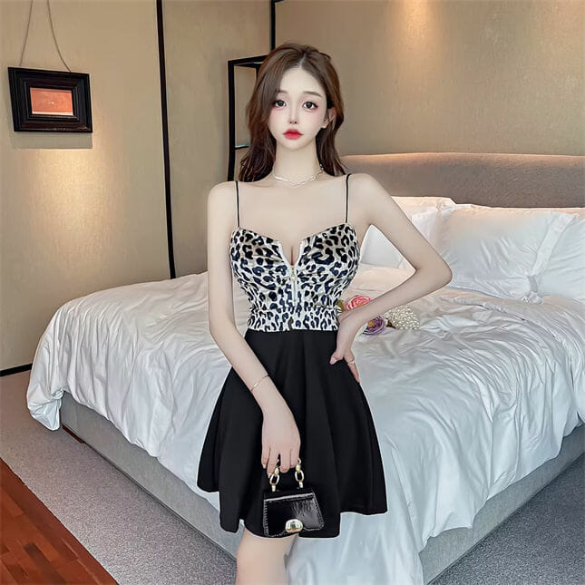 Modern Sexy 2 Colors Zipper Bust Plaids Leopard Straps Dress1 Modern Sexy 2 Colors Zipper Bust Plaids Leopard Straps Dress 5