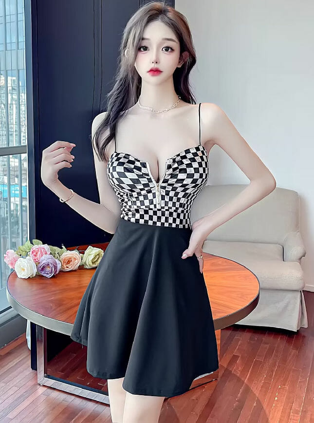 Modern Sexy 2 Colors Zipper Bust Plaids Leopard Straps Dress5 Modern Sexy 2 Colors Zipper Bust Plaids Leopard Straps Dress 1