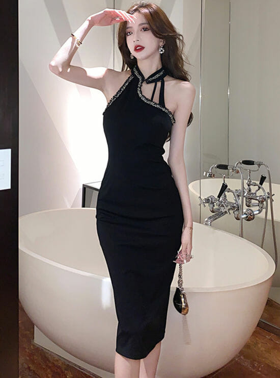 Modern Sexy Off Shoulder Fitted Waist Halter Slim Dress4 Modern Sexy Off Shoulder Fitted Waist Halter Slim Dress 1