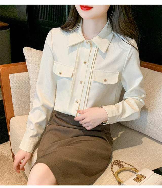 Ol Shirt Collar Pleated Long Sleeve Blouse OL Shirt Collar Pleated Long Sleeve Blouse 5