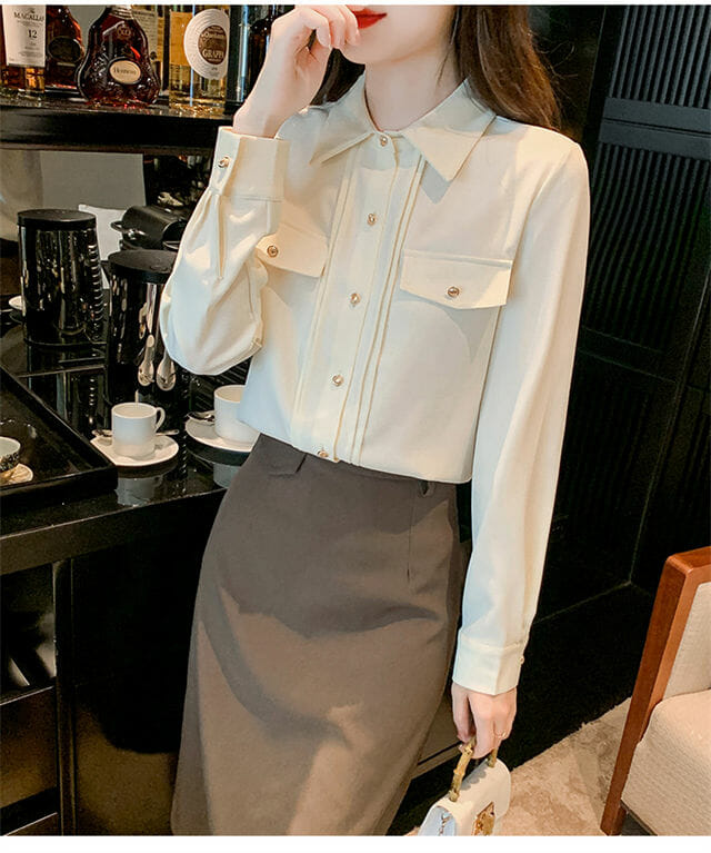 Ol Shirt Collar Pleated Long Sleeve Blouse2 OL Shirt Collar Pleated Long Sleeve Blouse 4