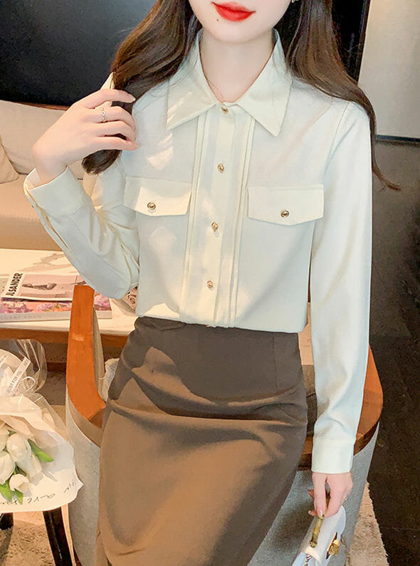 Ol Shirt Collar Pleated Long Sleeve Blouse5 OL Shirt Collar Pleated Long Sleeve Blouse 1