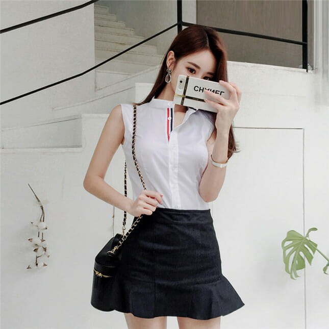Preppy Fashion Dots Tie Blouse With Fishtail Short Skirt4 Preppy Fashion Dots Tie Blouse with Fishtail Short Skirt 4