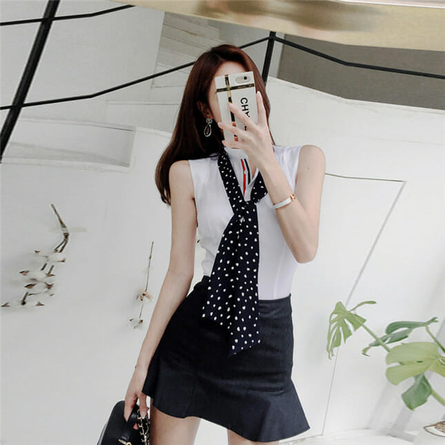 Preppy Fashion Dots Tie Blouse With Fishtail Short Skirt5 Preppy Fashion Dots Tie Blouse with Fishtail Short Skirt 3