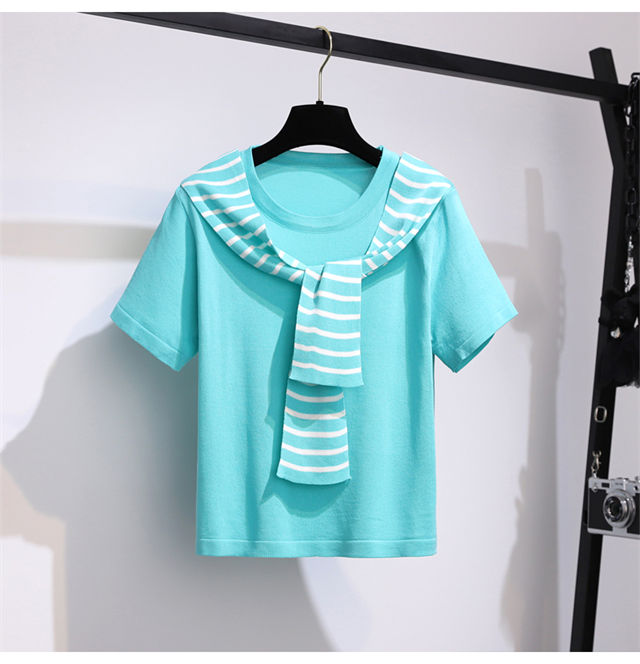 Preppy Fashion Stripes Tie Collar T-Shirt With Short Pants3 Preppy Fashion Stripes Tie Collar T-shirt with Short Pants 3