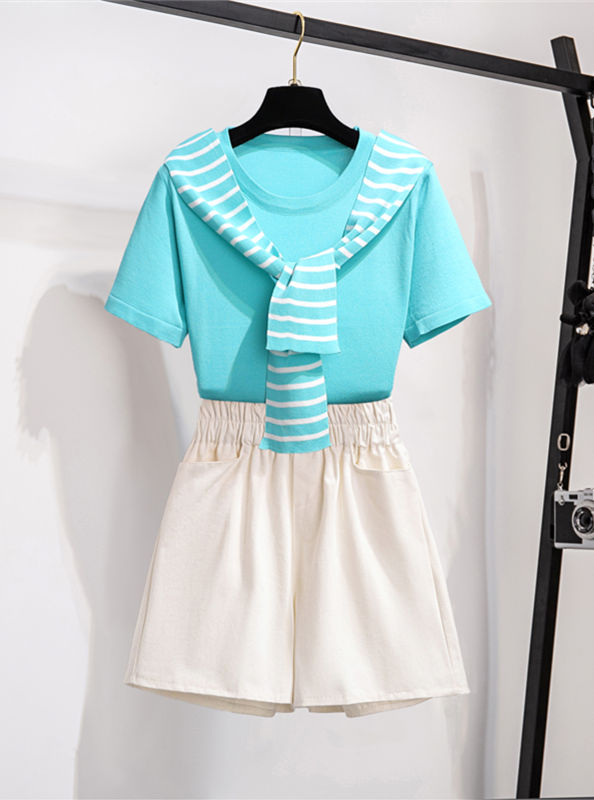 Preppy Fashion Stripes Tie Collar T-Shirt With Short Pants5 Preppy Fashion Stripes Tie Collar T-shirt with Short Pants 1