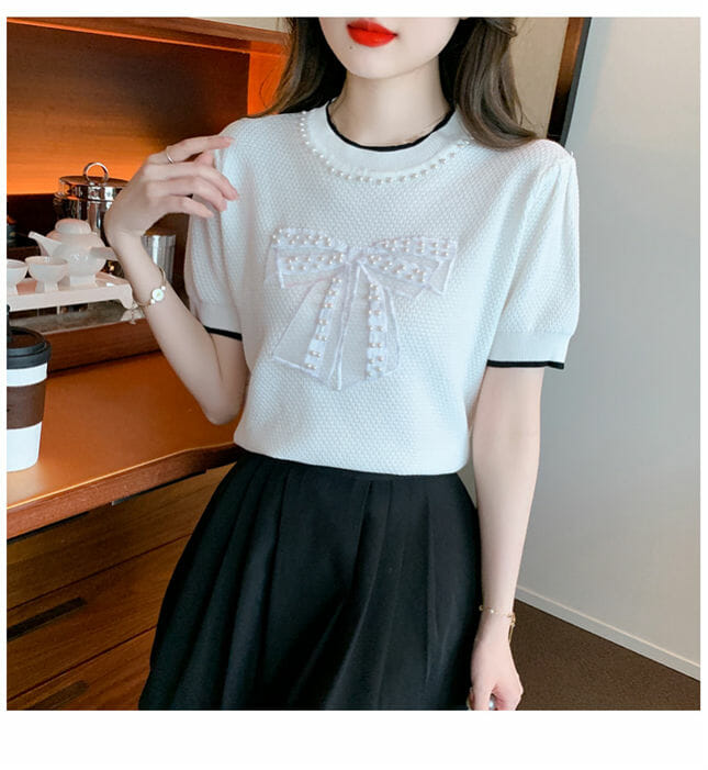 Preppy Girlish 2 Colors Beads Bowknot Round Neck T-Shirt Preppy Girlish 2 Colors Beads Bowknot Round Neck T-shirt 6
