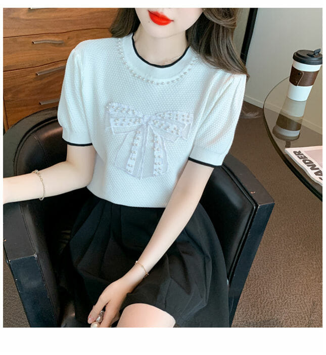 Preppy Girlish 2 Colors Beads Bowknot Round Neck T-Shirt3 Preppy Girlish 2 Colors Beads Bowknot Round Neck T-shirt 4
