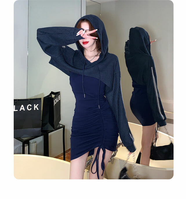 Preppy Girls 2 Colors Hooded Tops With Pleated Straps Dress4 Preppy Girls 2 Colors Hooded Tops with Pleated Straps Dress 4