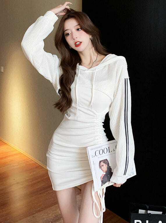 Preppy Girls 2 Colors Hooded Tops With Pleated Straps Dress7 Preppy Girls 2 Colors Hooded Tops with Pleated Straps Dress 1