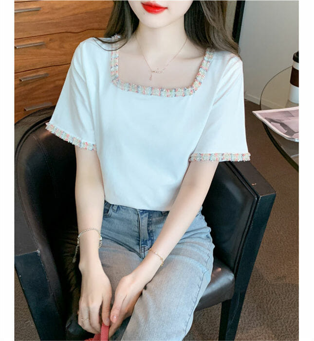 Preppy Girls Tweed Square Collar Short Sleeve Blouse Preppy Girls Tweed Square Collar Short Sleeve Blouse 5