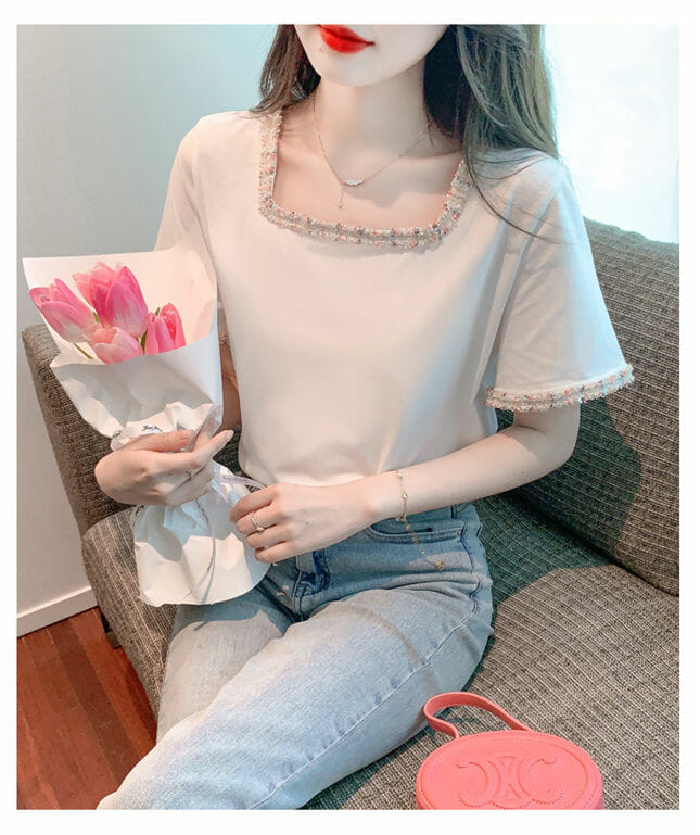 Preppy Girls Tweed Square Collar Short Sleeve Blouse2 Preppy Girls Tweed Square Collar Short Sleeve Blouse 4