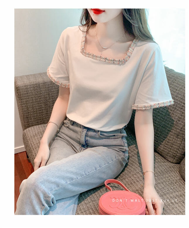 Preppy Girls Tweed Square Collar Short Sleeve Blouse3 Preppy Girls Tweed Square Collar Short Sleeve Blouse 3