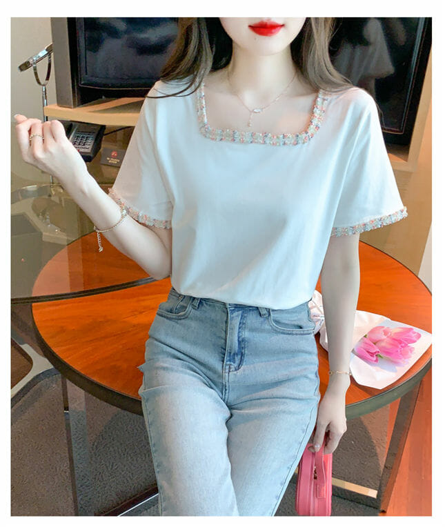 Preppy Girls Tweed Square Collar Short Sleeve Blouse4 Preppy Girls Tweed Square Collar Short Sleeve Blouse 2