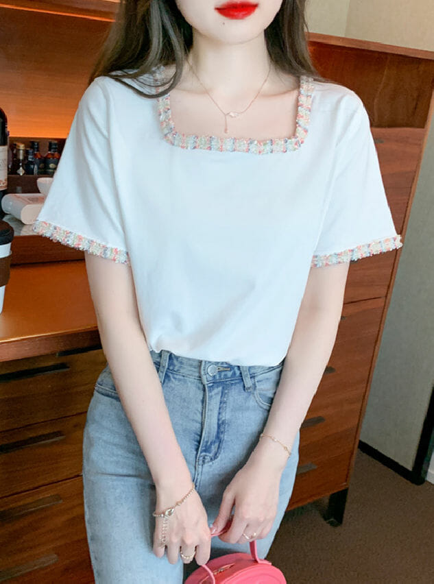 Preppy Girls Tweed Square Collar Short Sleeve Blouse5 Preppy Girls Tweed Square Collar Short Sleeve Blouse 1