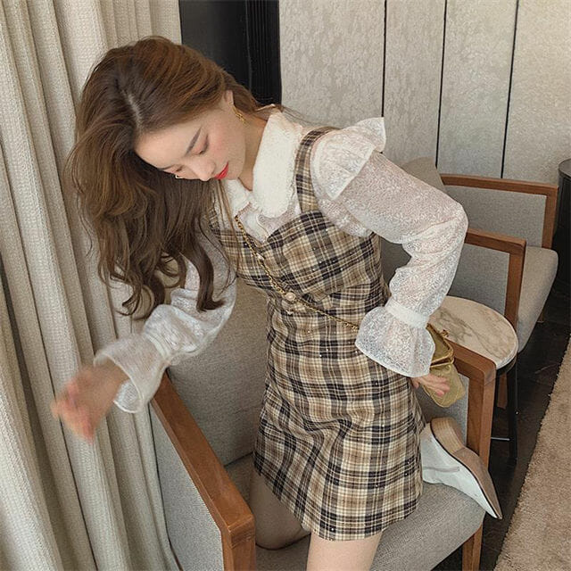 Preppy New Doll Collar Lace Blouse With Plaids Straps Dress Preppy New Doll Collar Lace Blouse with Plaids Straps Dress 5