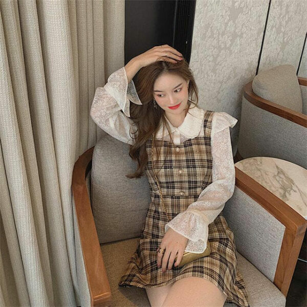 2 Colors Puff Sleeve Blouse With Single-breasted Straps Dress ...