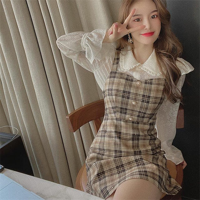 Preppy New Doll Collar Lace Blouse With Plaids Straps Dress3 Preppy New Doll Collar Lace Blouse with Plaids Straps Dress 3