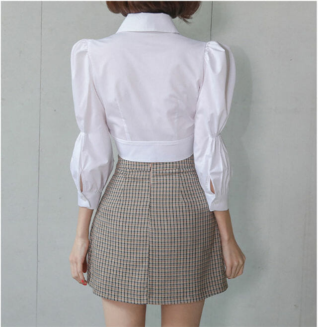 Preppy Ol Puff Sleeve Blouse With Plaids A-Line Short Skirt Preppy OL Puff Sleeve Blouse with Plaids A-line Short Skirt 6