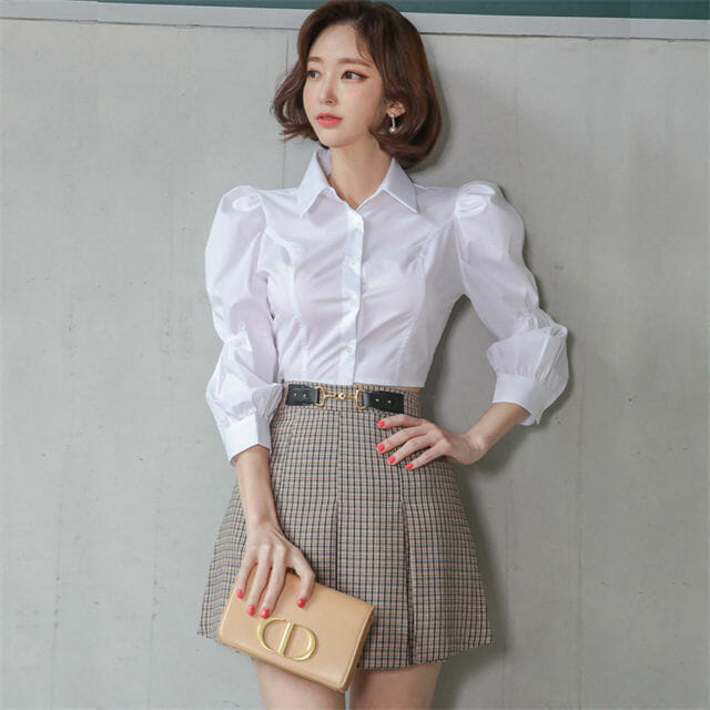 Preppy Ol Puff Sleeve Blouse With Plaids A-Line Short Skirt2 Preppy OL Puff Sleeve Blouse with Plaids A-line Short Skirt 5