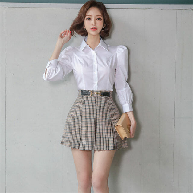 Preppy Ol Puff Sleeve Blouse With Plaids A-Line Short Skirt4 Preppy OL Puff Sleeve Blouse with Plaids A-line Short Skirt 3