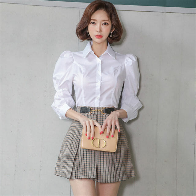 Preppy Ol Puff Sleeve Blouse With Plaids A-Line Short Skirt5 Preppy OL Puff Sleeve Blouse with Plaids A-line Short Skirt 2