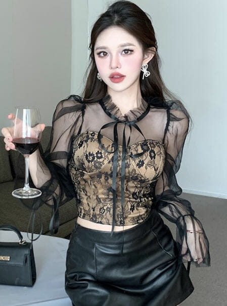 Pretty 2 Colors Gauze Puff Sleeve Lace Blouse2 Pretty 2 Colors Gauze Puff Sleeve Lace Blouse 5