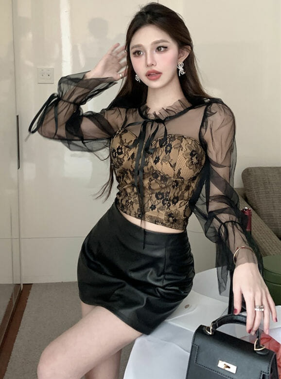 Pretty 2 Colors Gauze Puff Sleeve Lace Blouse4 Pretty 2 Colors Gauze Puff Sleeve Lace Blouse 3