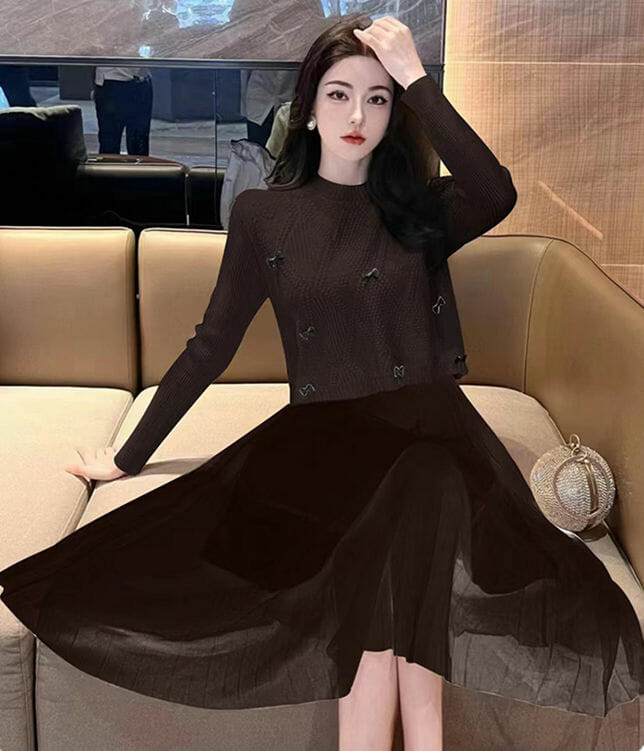 Pretty 3 Colors Bowknot Knit Vest With Gauze Fluffy Long Sleeve Dress2 Pretty 3 Colors Bowknot Knit Vest with Gauze Fluffy Long Sleeve Dress 6