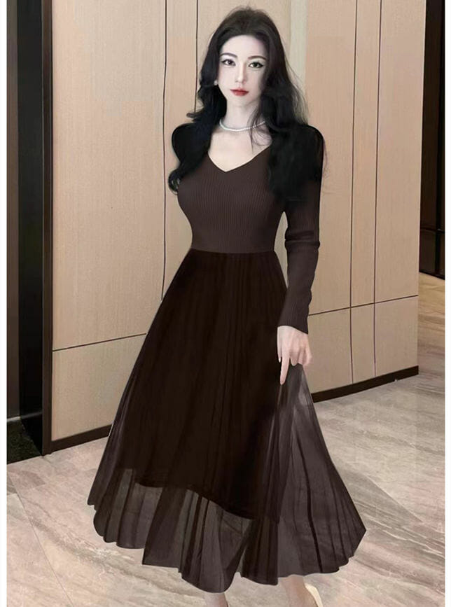 Pretty 3 Colors Bowknot Knit Vest With Gauze Fluffy Long Sleeve Dress3 Pretty 3 Colors Bowknot Knit Vest with Gauze Fluffy Long Sleeve Dress 5