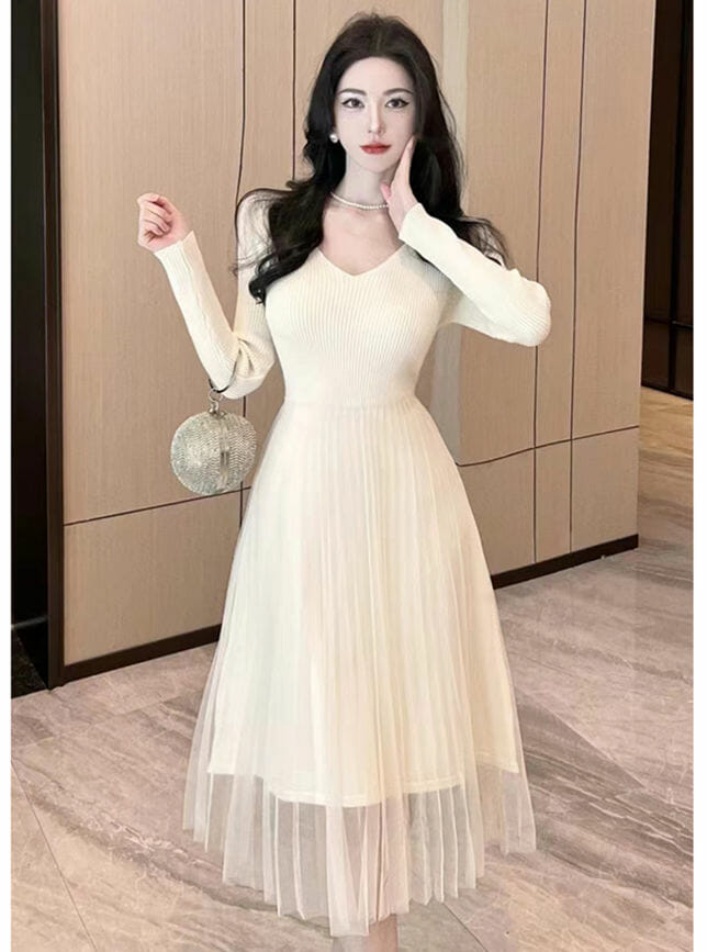 Pretty 3 Colors Bowknot Knit Vest With Gauze Fluffy Long Sleeve Dress5 Pretty 3 Colors Bowknot Knit Vest with Gauze Fluffy Long Sleeve Dress 3