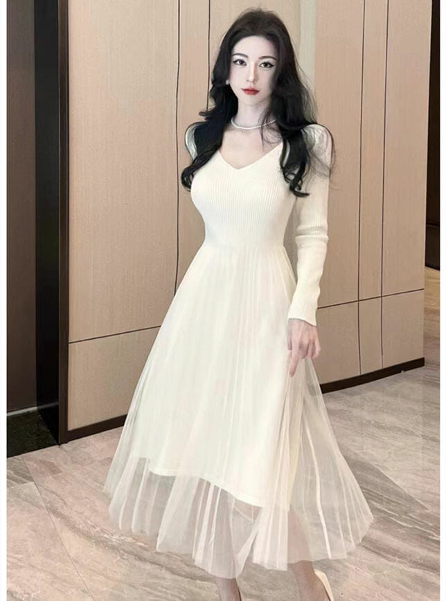 Pretty 3 Colors Bowknot Knit Vest With Gauze Fluffy Long Sleeve Dress6 Pretty 3 Colors Bowknot Knit Vest with Gauze Fluffy Long Sleeve Dress 2