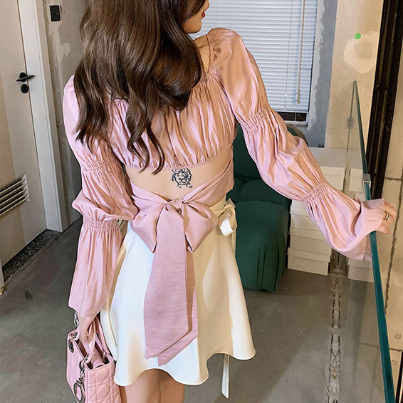 Pretty Backless Bowknot Puff Sleeve Blouse With A-Line Skirt Pretty Backless Bowknot Puff Sleeve Blouse with A-line Skirt 4
