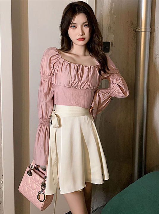 Pretty Backless Bowknot Puff Sleeve Blouse With A-Line Skirt4 Pretty Backless Bowknot Puff Sleeve Blouse with A-line Skirt 1