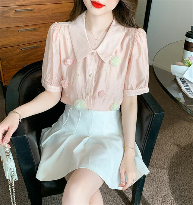 Pretty Beads Stereo Flowers Doll Collar Blouse3 Pretty Beads Stereo Flowers Doll Collar Blouse 3