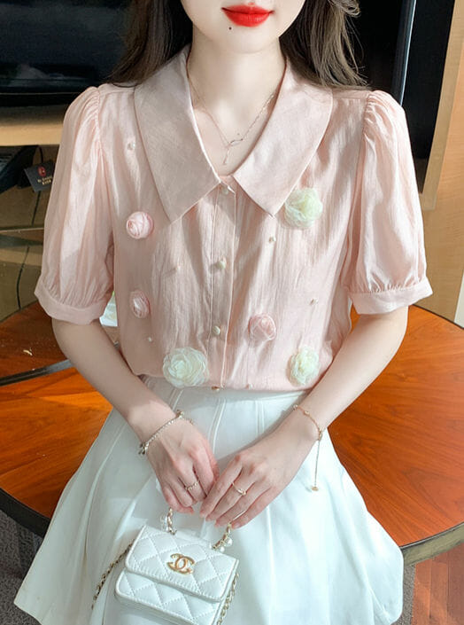 Pretty Beads Stereo Flowers Doll Collar Blouse5 Pretty Beads Stereo Flowers Doll Collar Blouse 1