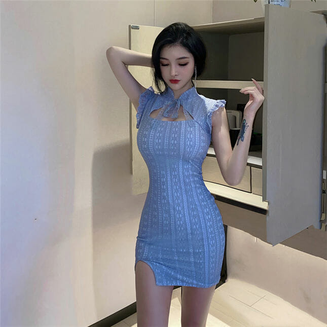 Pretty Charming Tie Collar Lace Bodycon Tank Dress4 Pretty Charming Tie Collar Lace Bodycon Tank Dress 3